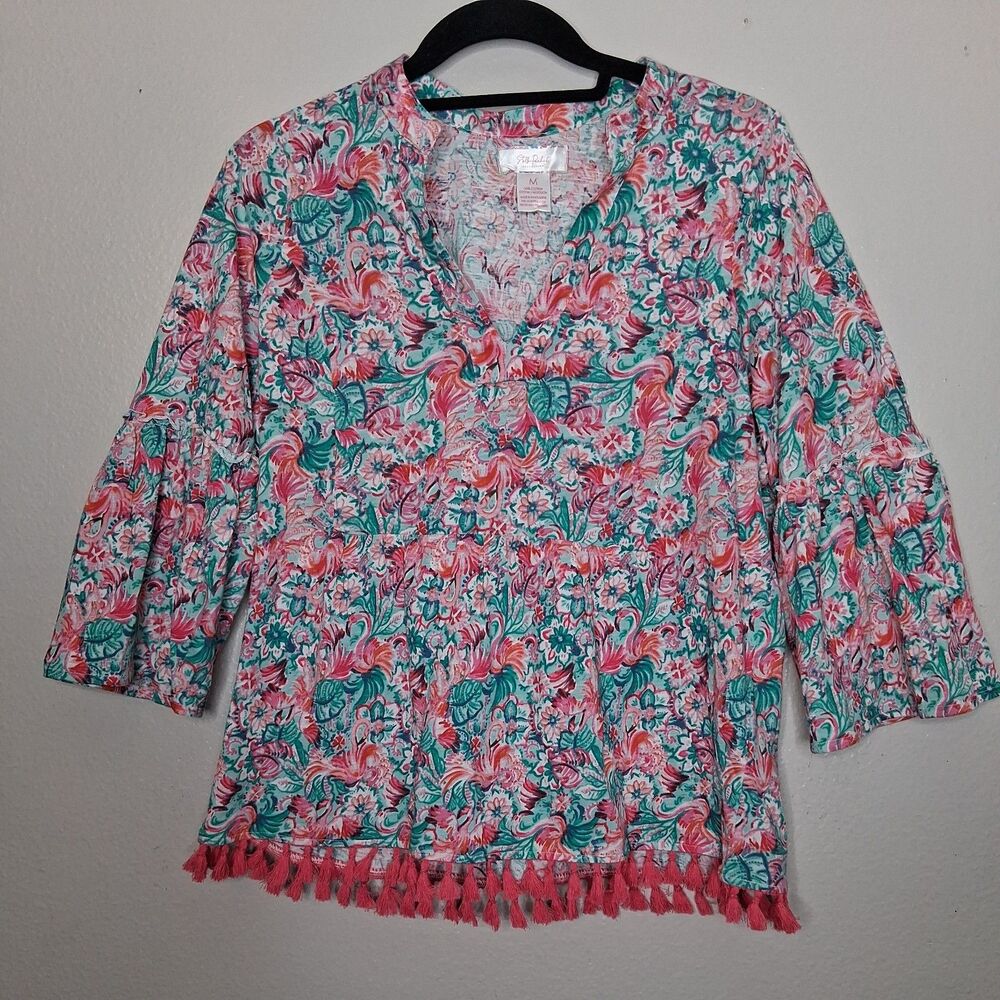 Stella Parker Pink Green Floral Print Tunic Top Tassel Hem Bell Sleeve M
